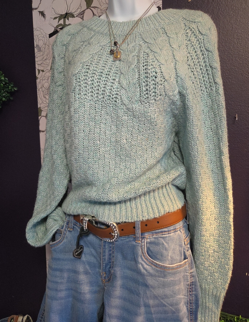 Checkerboard Weave Light Mint Cable Crewneck Sweater By American Eagle -szM